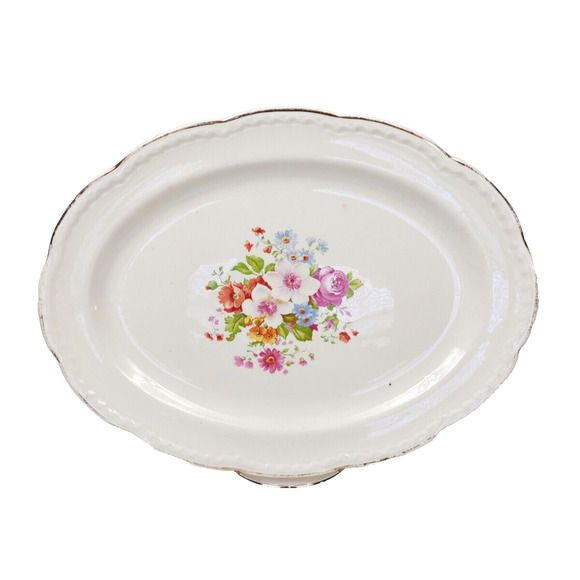 VTG Crooksville Oval Serving Plate Platter Embossed Gold Trim Floral Rose 13.5” - Picture 8 of 8